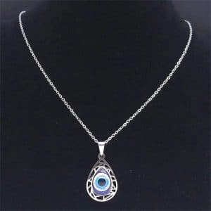 Teardrop-shaped pendant necklace with a blue eye design in the center